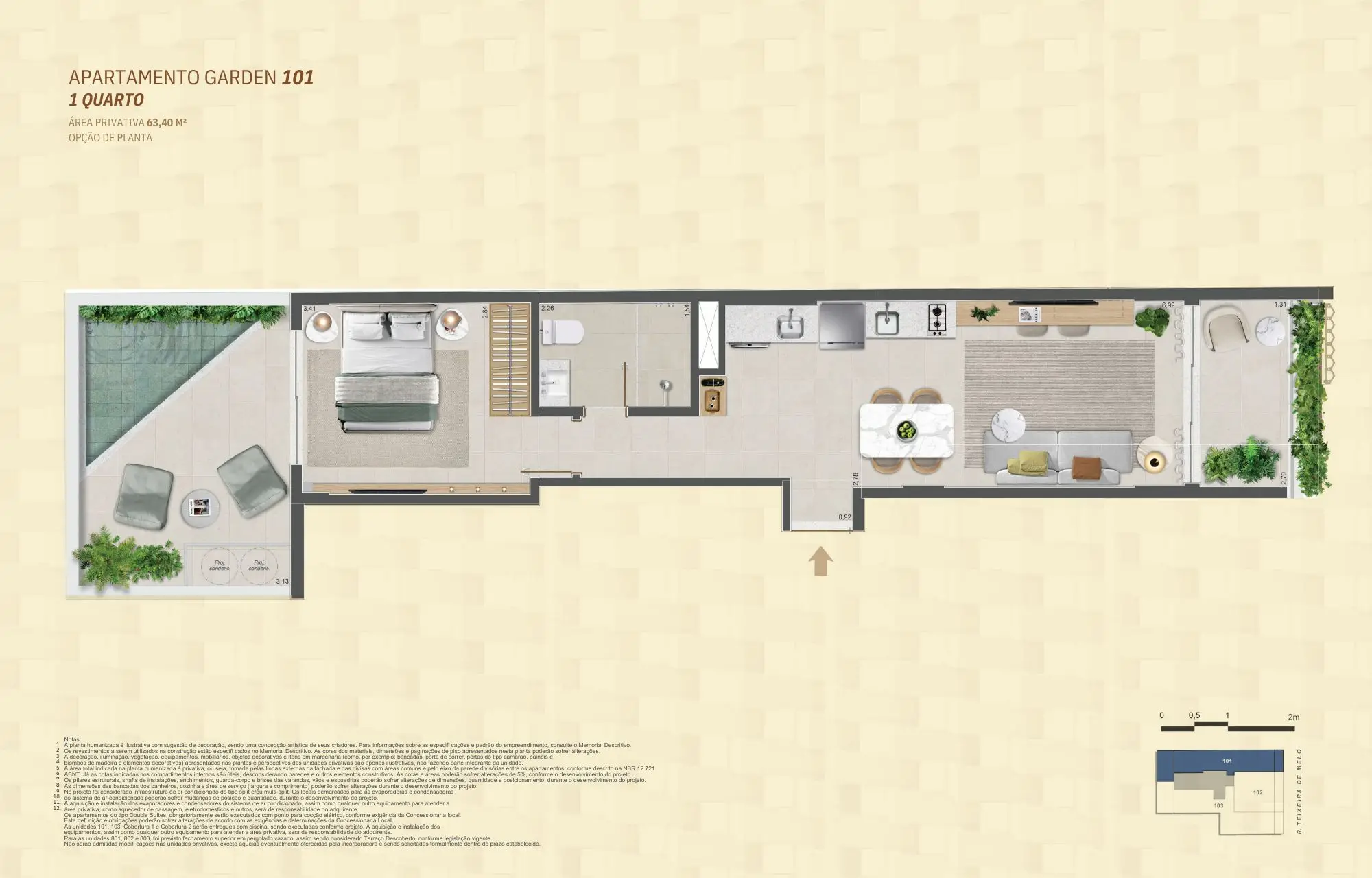 Planta do Apartamento Garden 101 do Mare Ipanema, unidade de 1 quarto com área privativa de 63,40 m² e terraço descoberto.