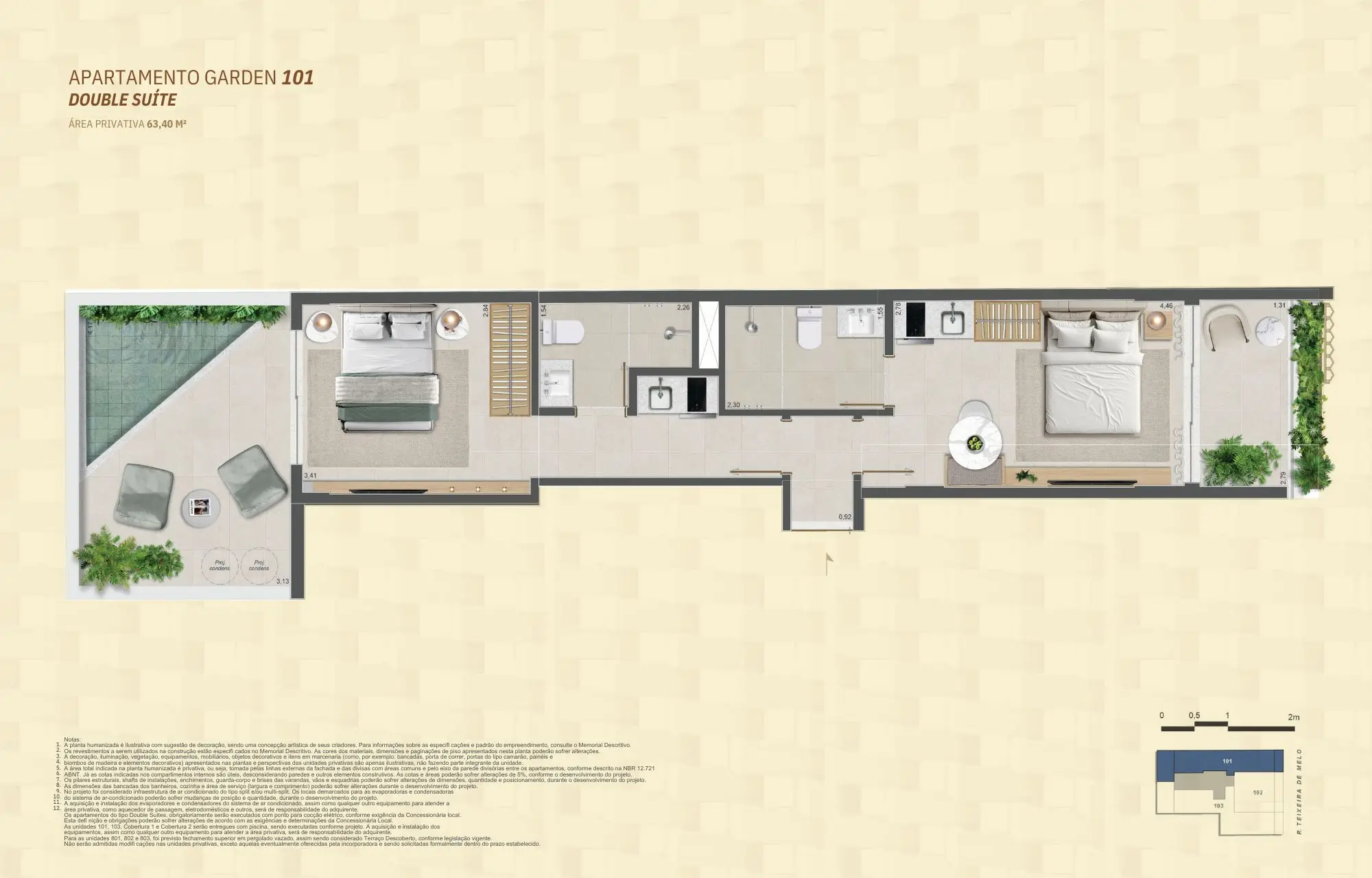 Planta do Apartamento Garden 101 Double Suíte – 63,40 m² no Mare Ipanema, com dois dormitórios, área externa privativa com deck, sala integrada e layout otimizado.