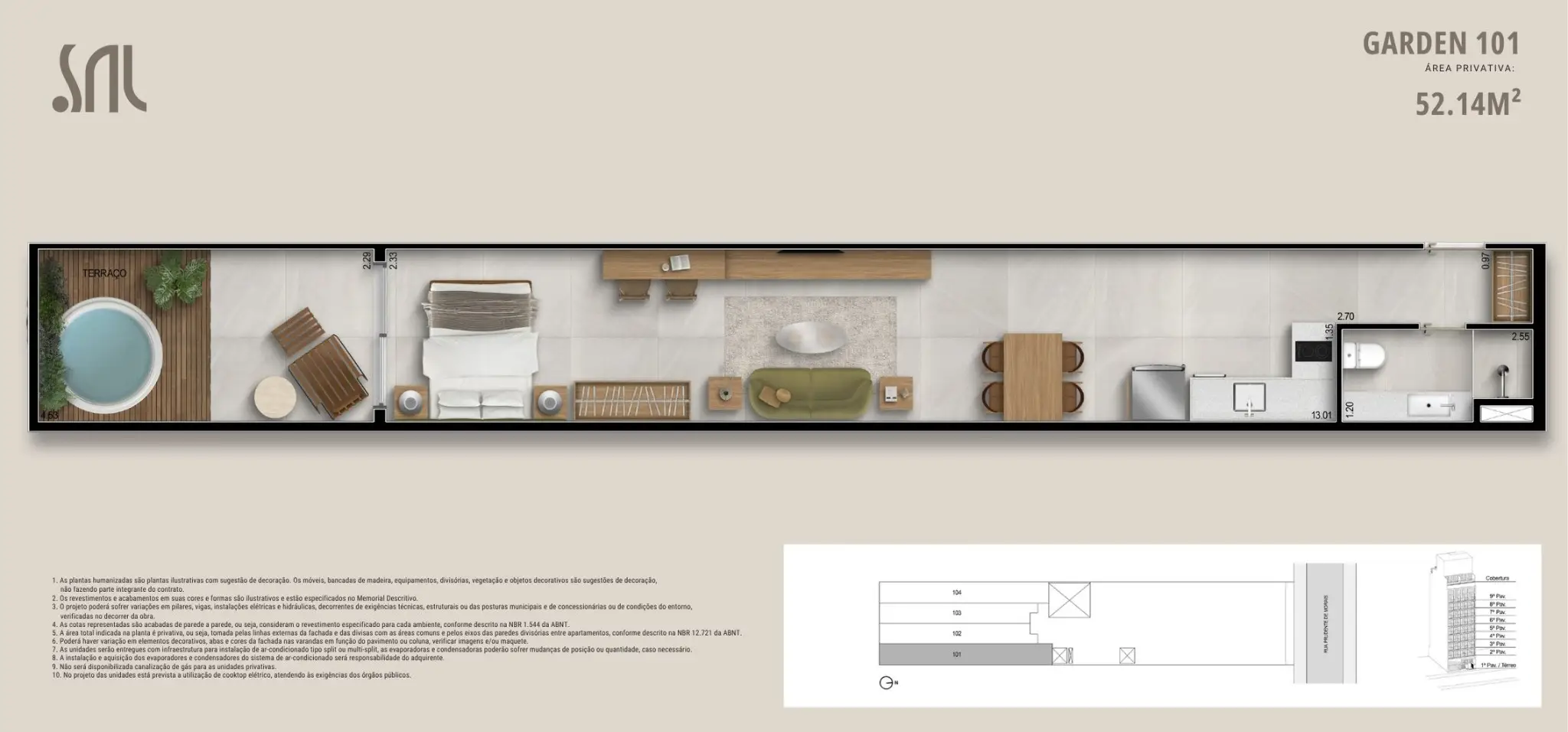 Planta humanizada Garden 101 do Sal Praia Ipanema, unidade de 52,14 m² com terraço, spa, área de descanso, dormitório integrado, sala, cozinha e banheiro — layout completo do empreendimento.