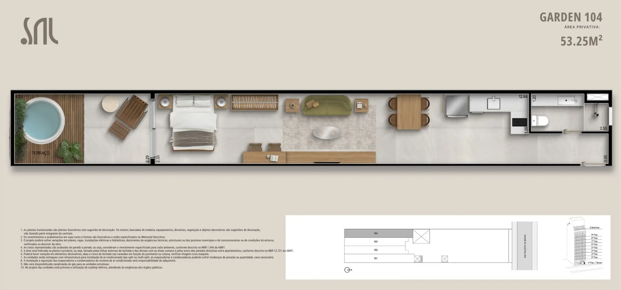 Planta humanizada do Garden 104 no Sal Praia Ipanema, com 53,25 m², incluindo terraço com hidromassagem, quarto integrado, sala com sofá verde, mesa de jantar, cozinha linear e banheiro.