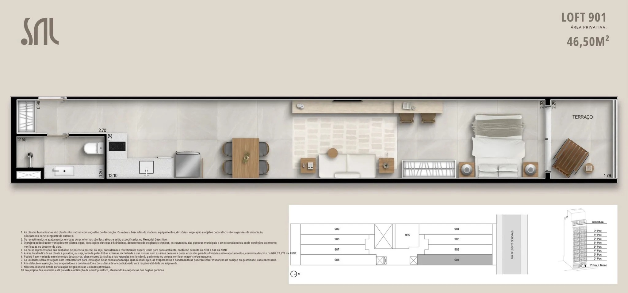 Planta humanizada do Loft 902 do Sal Praia Ipanema, mostrando dormitório integrado, sala, cozinha linear, banheiro e terraço privativo — área total de 39,09 m²