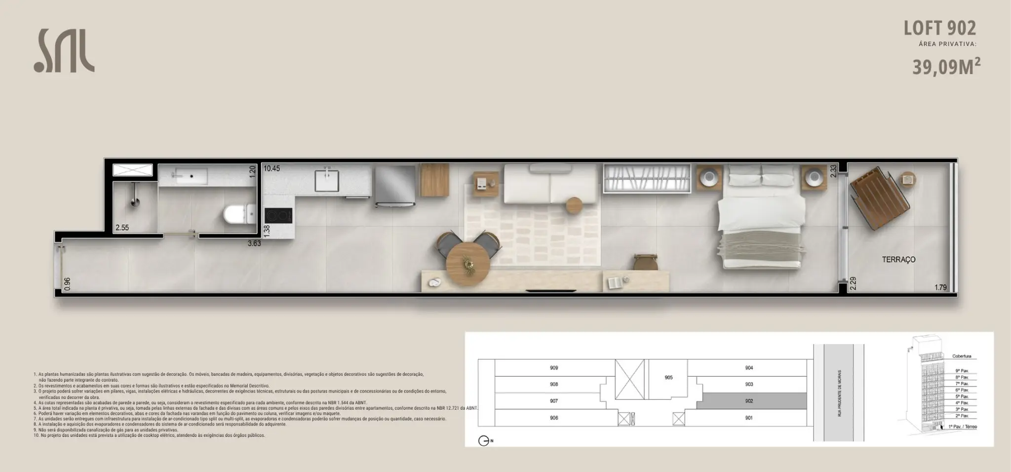 Planta humanizada do Loft 902 do Sal Praia Ipanema, mostrando dormitório integrado, sala, cozinha linear, banheiro e terraço privativo — área total de 39,09 m²
