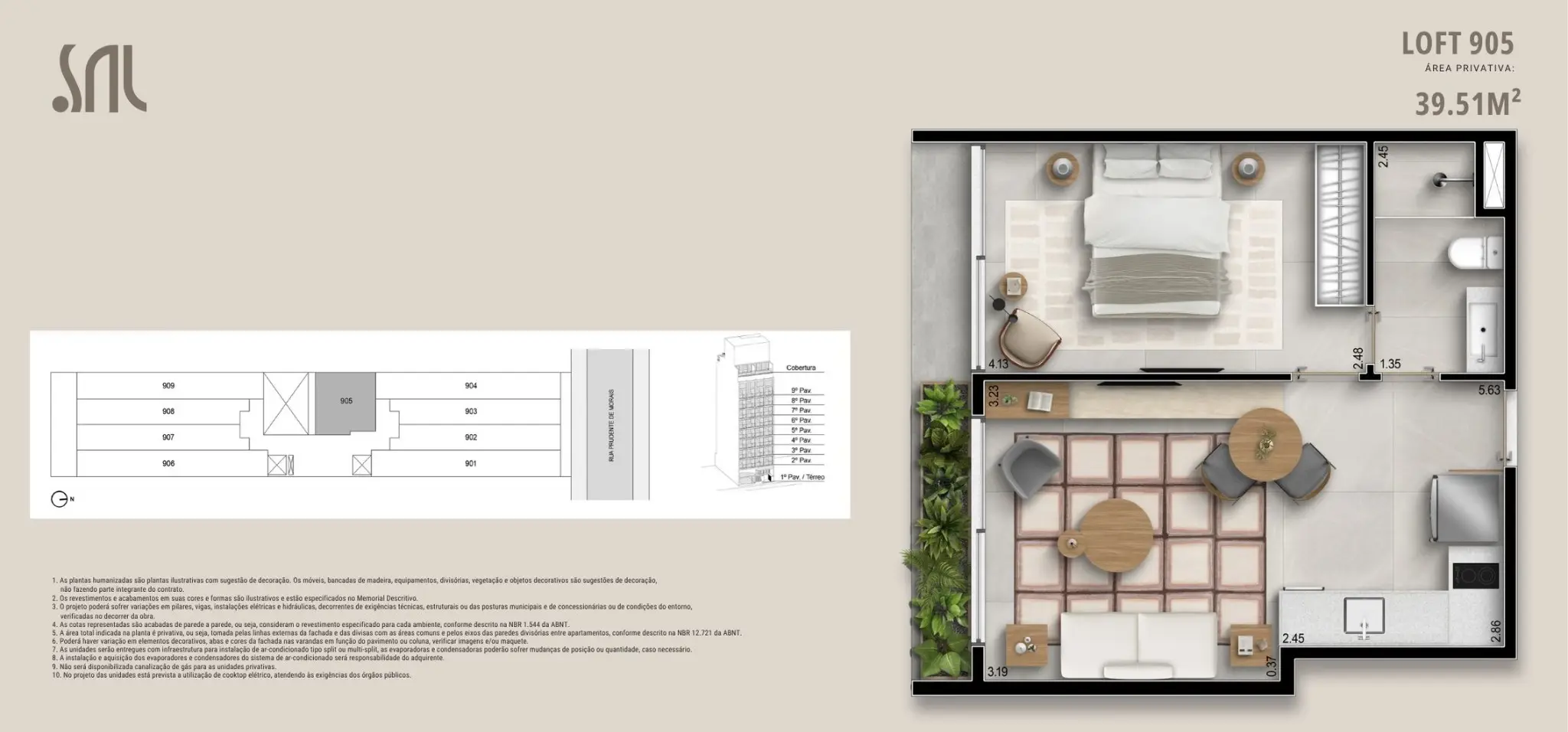 Planta humanizada do Loft 905 no Sal Praia Ipanema, layout com sala integrada, varanda com jardineira, dormitório, cozinha compacta e banheiro — área privativa de 39,51 m²