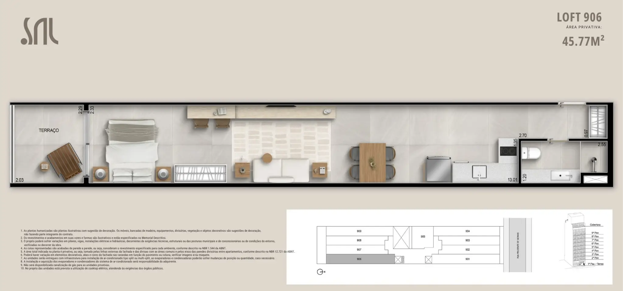 Planta humanizada do Loft 907 no Sal Praia Ipanema, com terraço, área de dormir, sala integrada, cozinha e banheiro, totalizando 39,46 m² de área privativa.