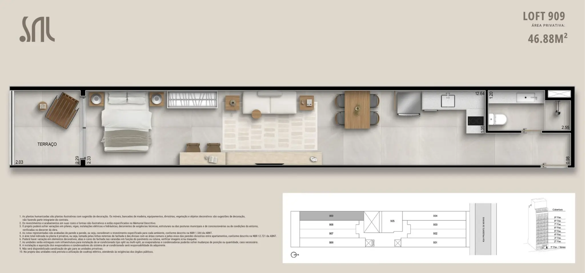 Planta humanizada do Loft 909 no Sal Praia Ipanema, mostrando terraço, área de dormir, sala integrada, cozinha e banheiro, com 46,88 m² de área privativa.