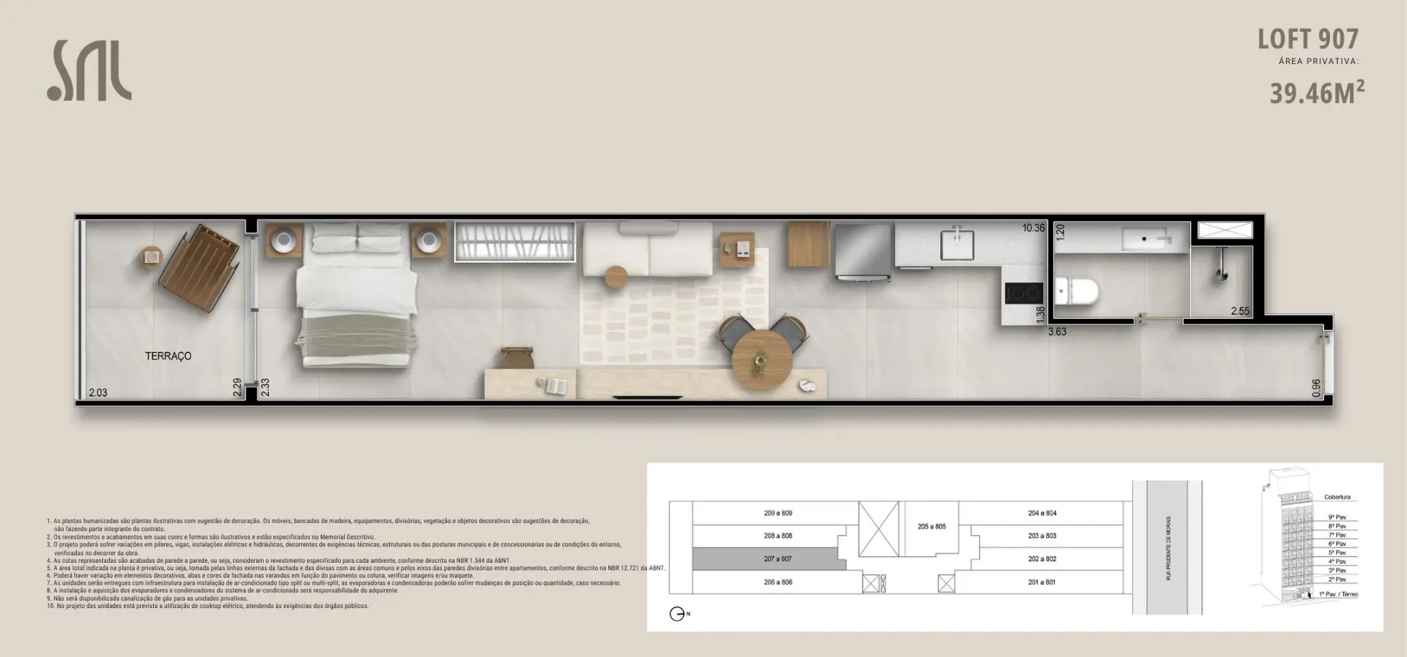 Planta humanizada do Loft 907 no Sal Praia Ipanema, com terraço, área de dormir, sala integrada, cozinha e banheiro, totalizando 39,46 m² de área privativa.