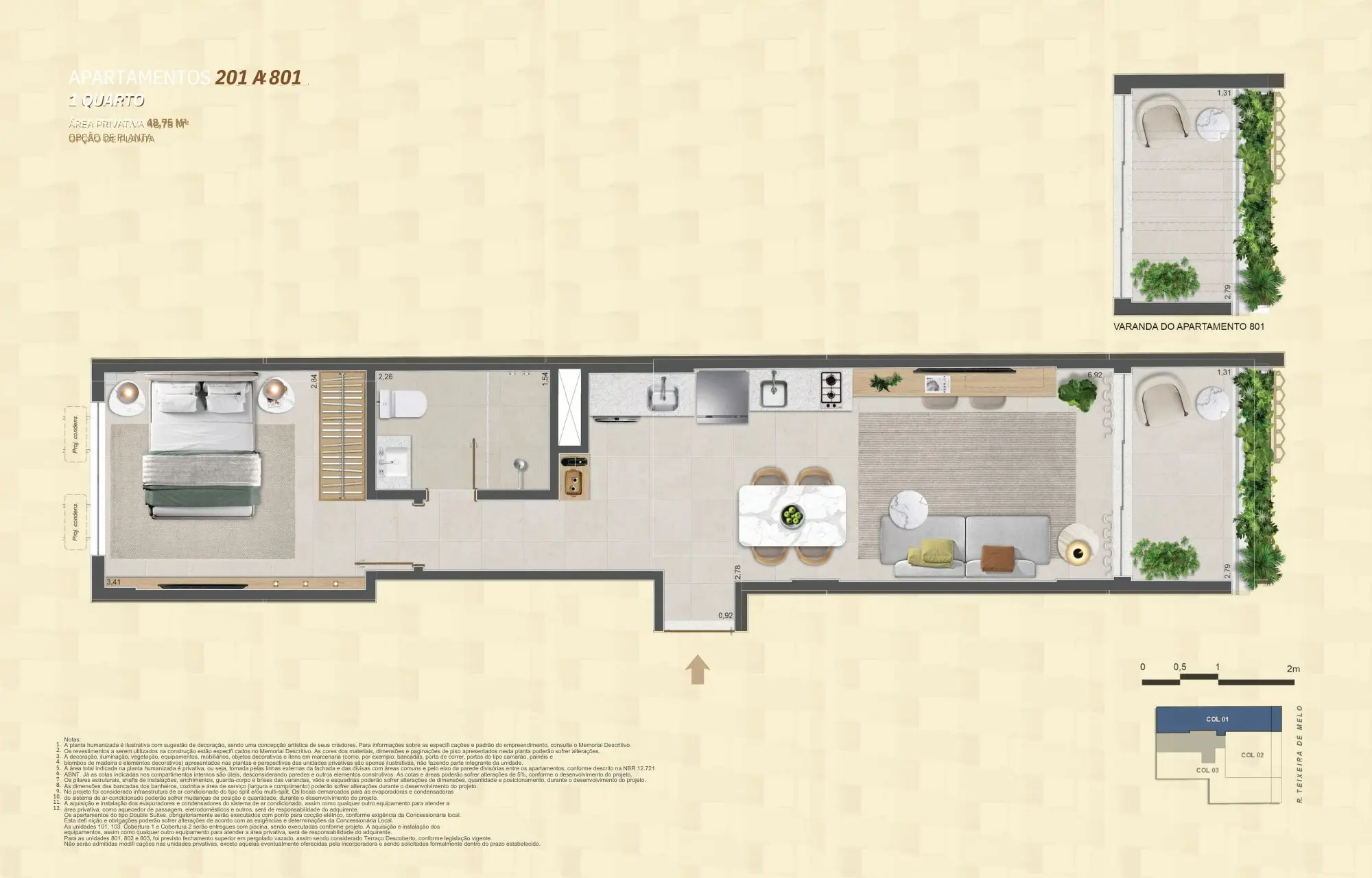 Planta baixa do Apartamento 201 a 801 do Mare Ipanema, unidade de 1 quarto com varanda, cozinha integrada e sala ampliada — layout oficial do empreendimento na Rua Teixeira de Melo, Ipanema.
