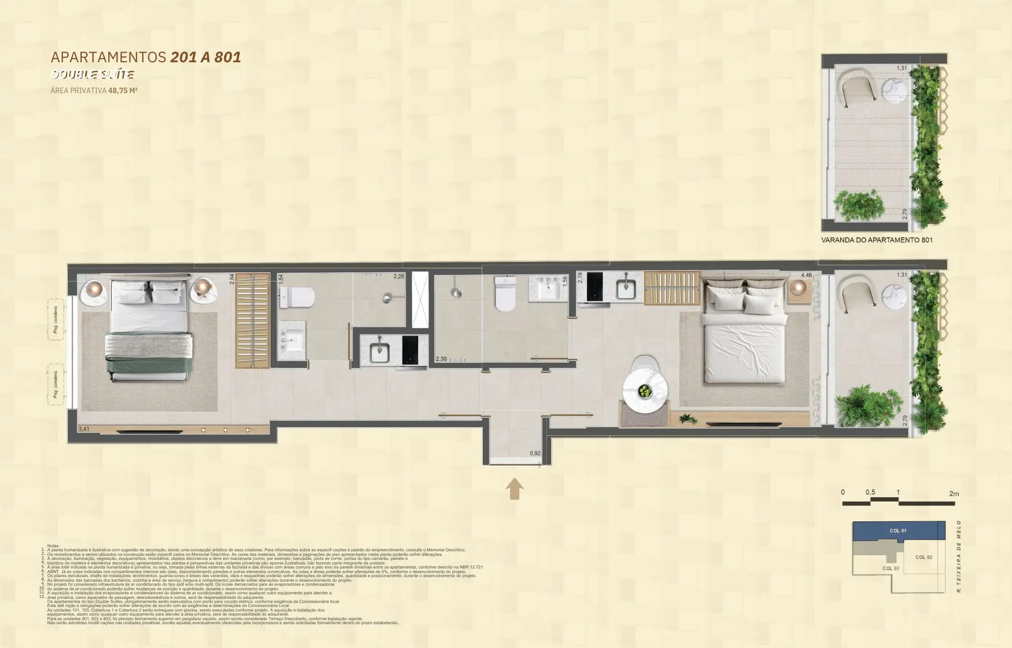 Planta do apartamento 201 ao 801 Double Suíte do Mare Ipanema, com dois quartos, dois banheiros, varanda e layout otimizado.