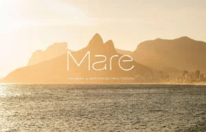 Fachada visual do Mare Ipanema com vista para o Morro Dois Irmãos ao pôr do sol, identidade do empreendimento assinada por Bernardes Arquitetura.