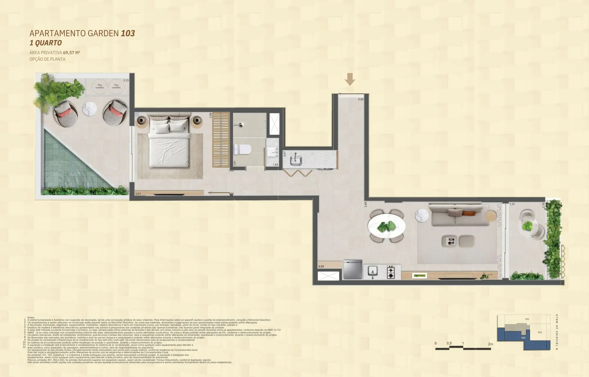 Planta do apartamento Garden 103 do Mare Ipanema, unidade de 1 quarto com área privativa de 69,57 m², varanda com piscina, suíte ampla, sala integrada e layout alongado.