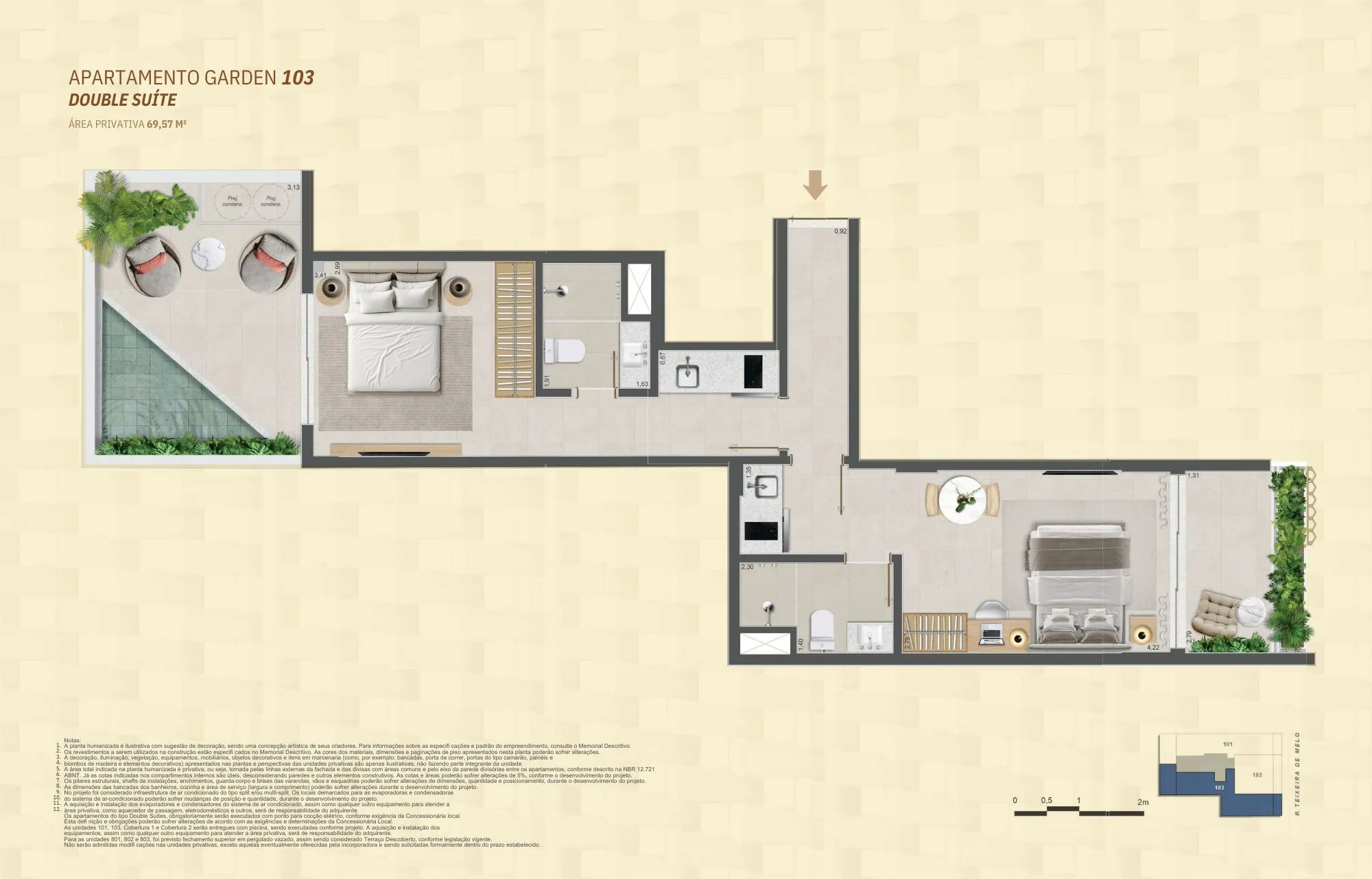 Planta do apartamento Garden 103 do Mare Ipanema na configuração Double Suíte, com 69,57 m², duas suítes, área externa com piscina, sala integrada e circulação em formato linear.