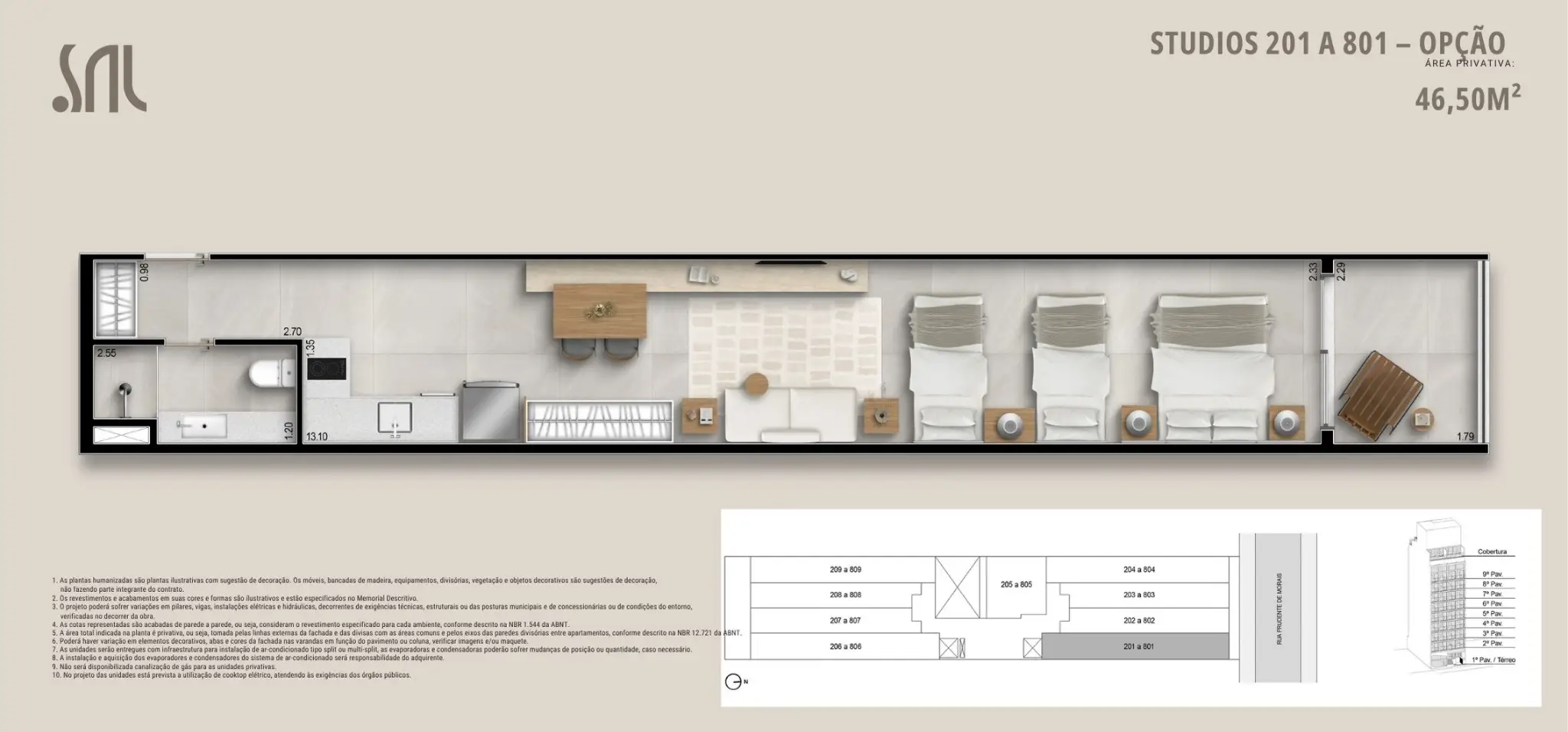 Planta humanizada do Studio 201 a 801 opção, 46,50 m², do Sal Praia Ipanema, mostrando layout completo com área social, cozinha, três camas e terraço privativo.