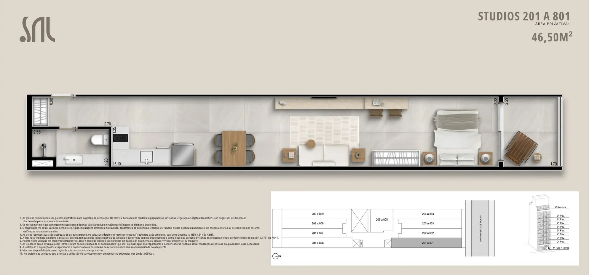 Planta humanizada dos studios 201 a 801 do Sal Praia Ipanema, unidade de 46,50 m² com living integrado, cozinha americana, banheiro completo e terraço com deck.