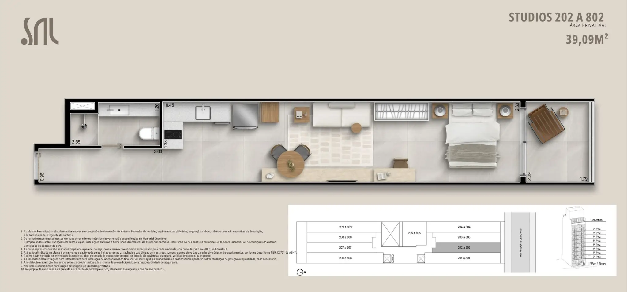 Planta humanizada do Studio 202 a 802 do Sal Praia Ipanema, com 39,09m², mostrando layout completo com sala integrada, cozinha compacta, banheiro, dormitório e terraço privativo.