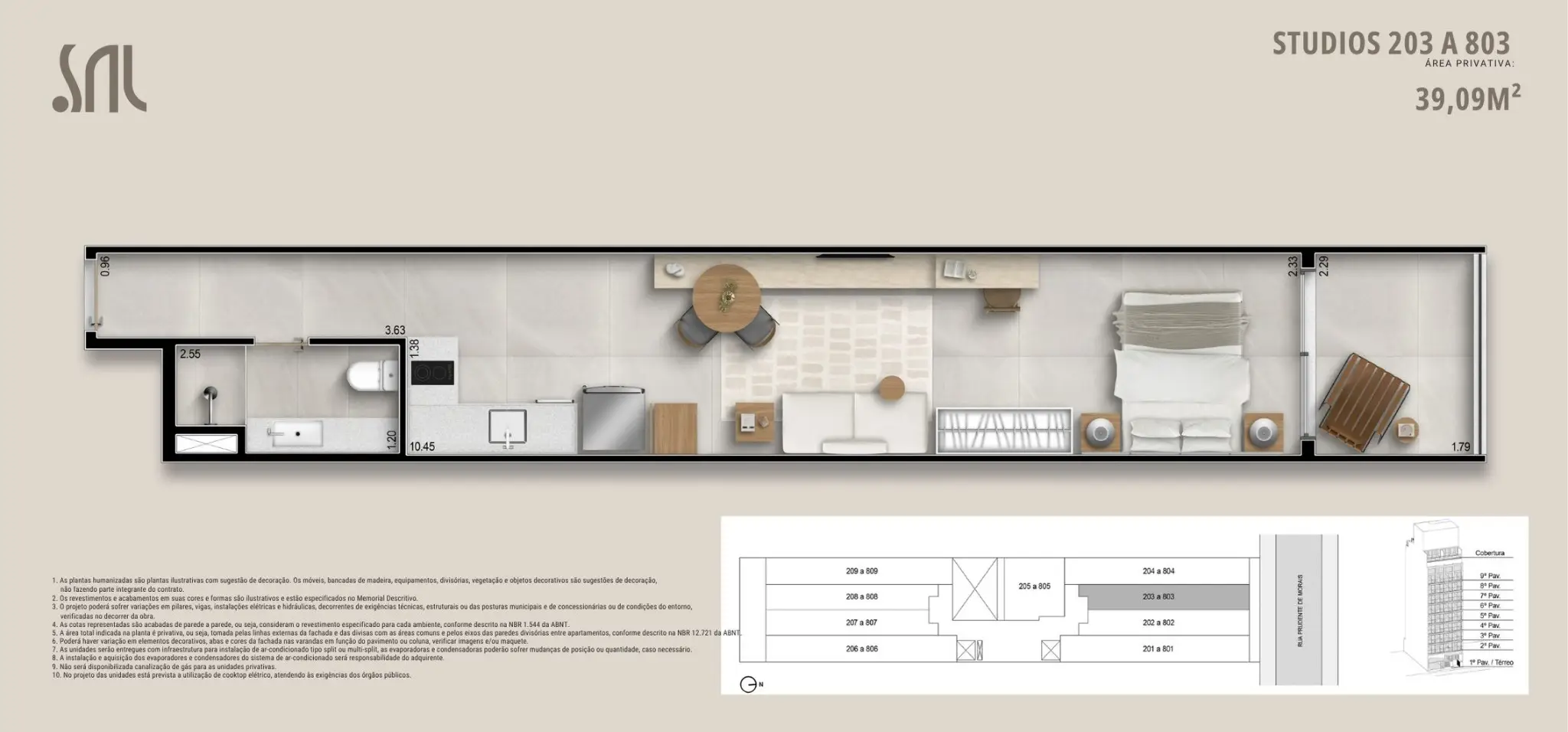 Planta humanizada do Studio 203 a 803 do Sal Praia Ipanema, com 39,09 m², mostrando layout completo com área de estar, cozinha, dormitório e terraço.