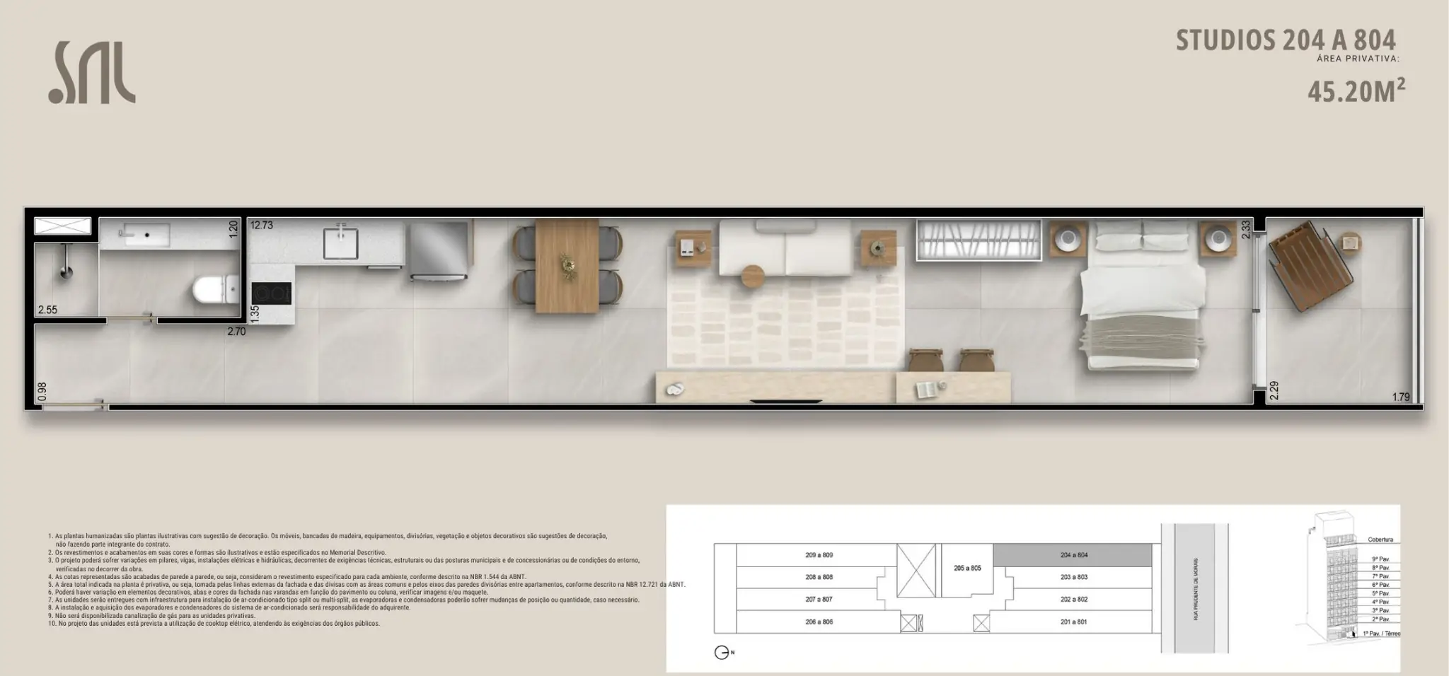 Planta humanizada do Studio 204 a 804 do Sal Praia Ipanema com 45,20 m², layout retangular com suíte, área social integrada, cozinha linear e terraço privativo em Ipanema.