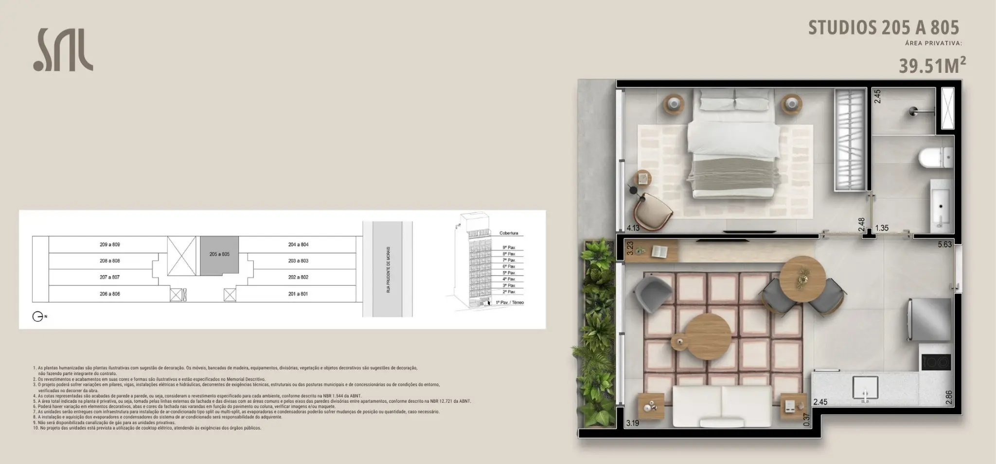 Planta humanizada do Studio 205 a 805 — 39,51 m² — layout completo com varanda, área social integrada, dormitório, cozinha e banheiro do Sal Praia Ipanema.