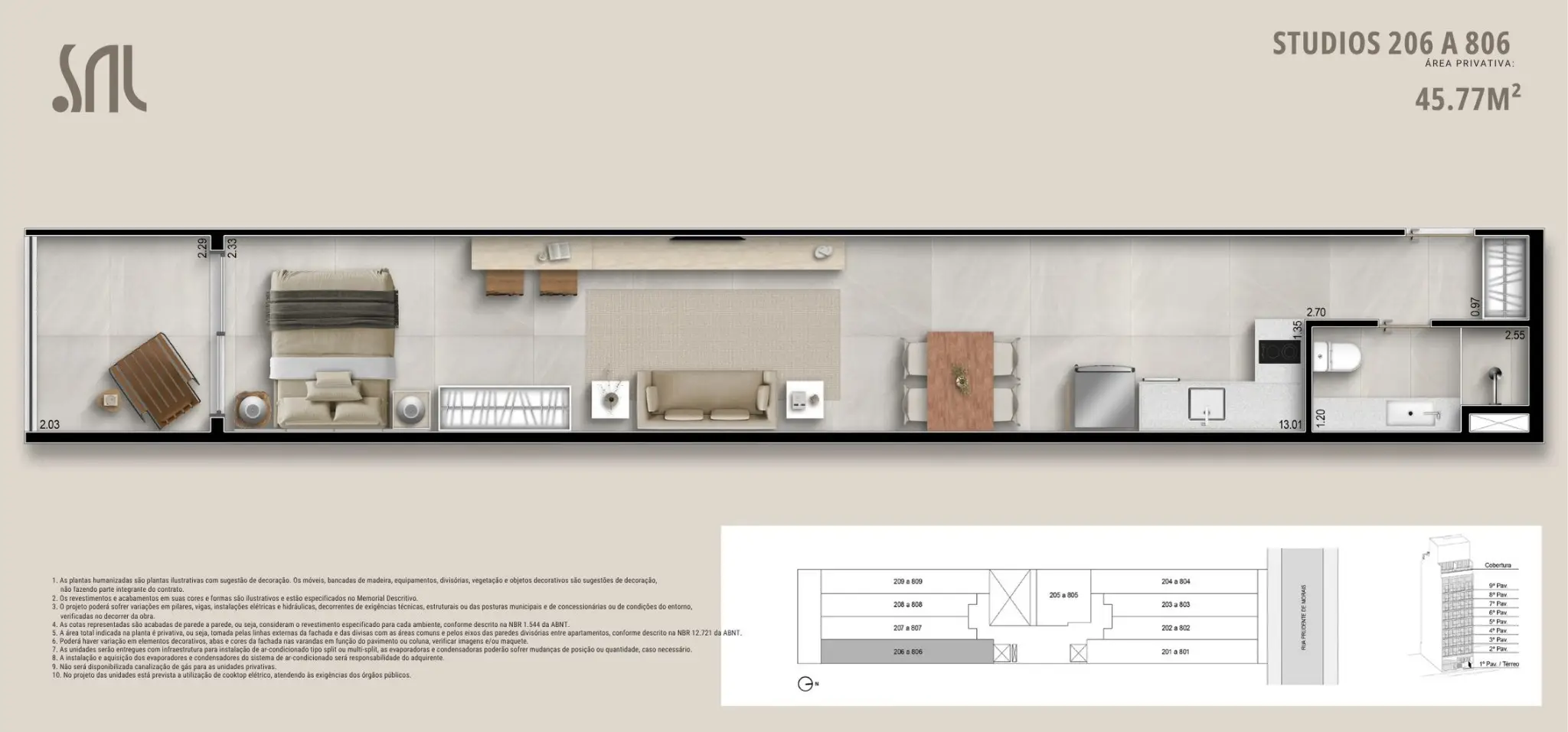 Planta humanizada do Studio 206 a 806 do Sal Praia Ipanema, mostrando layout interno completo com dormitório, sala integrada, cozinha, banheiro e terraço, área privativa de 45,77 m².