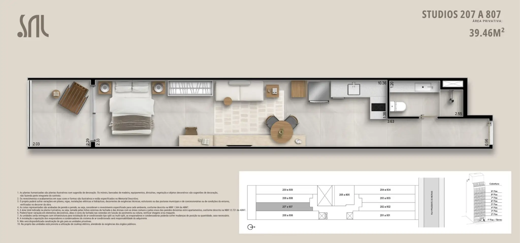 Planta humanizada do Studio 207 a 807 no Sal Praia Ipanema, com 39,46 m², mostrando layout integrado com suíte, sala, cozinha linear e banheiro; destaque para acabamento moderno e disposição otimizada dos ambientes.