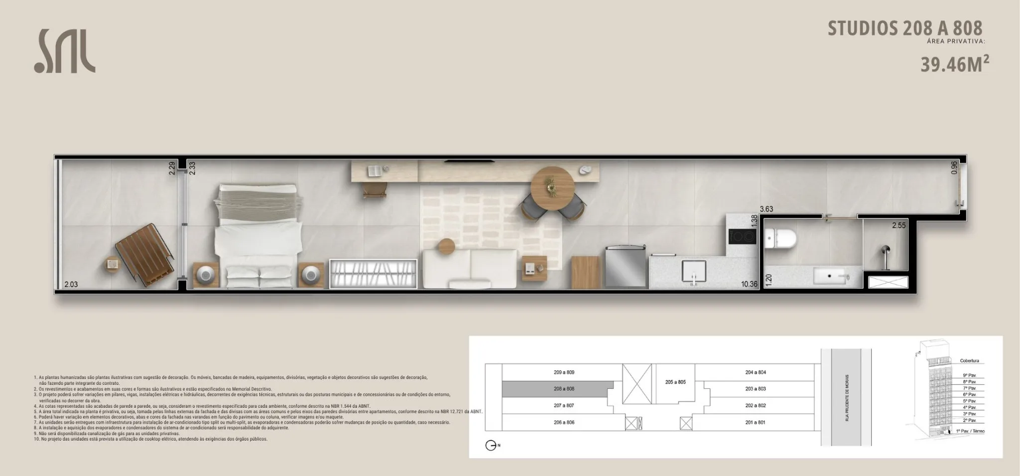 Planta humanizada do Studio 208 a 808 do Sal Praia Ipanema, layout retangular com quarto, sala integrada, cozinha linear, banheiro e área externa, totalizando 39,46 m².