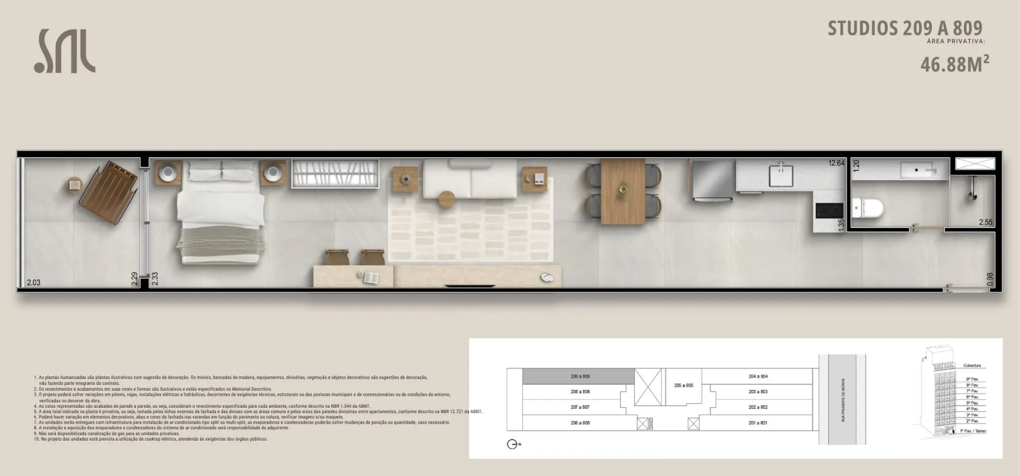 Planta humanizada do Studio 209 a 809 do Sal Praia Ipanema, com 46,88 m², mostrando layout completo com suíte, sala integrada, cozinha, banheiro e terraço, ideal para apresentação imobiliária do empreendimento.