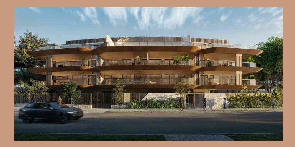 Fachada moderna do Panorama Jardim Oceânico com design assinado por Afonso Kuenerz, no coração da Barra da Tijuca