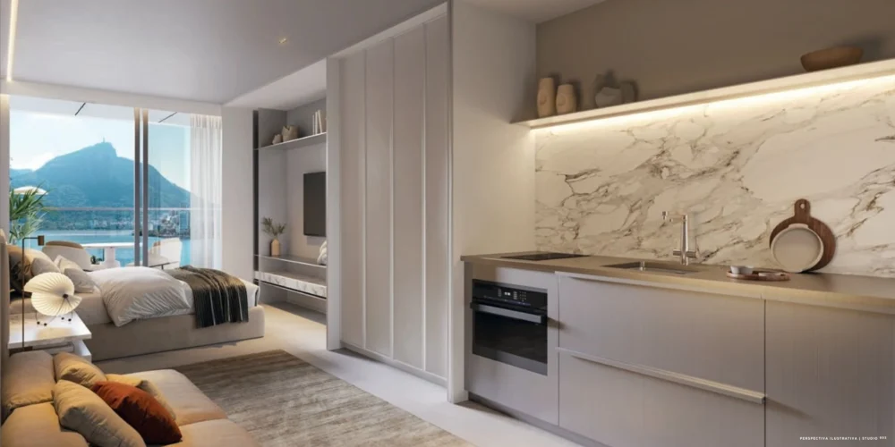 Studio compacto e mobiliado no Goa Ipanema Studios com espaço otimizado