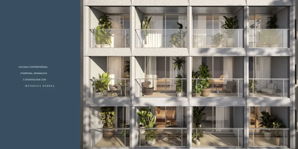 Fachada do Goa Ipanema Studios com revestimento nobre em Ipanema