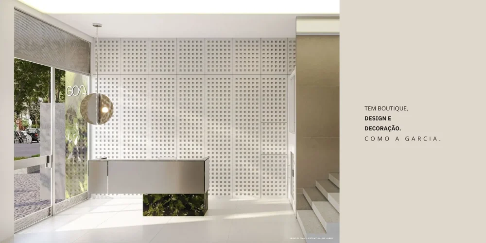 Lobby do Goa Ipanema Studios com pé-direito duplo e design contemporâneo