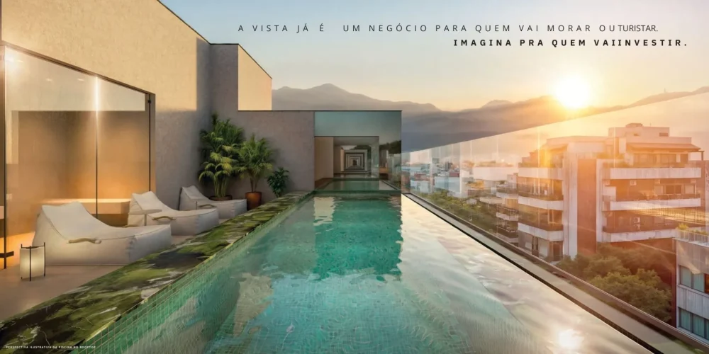 Área gourmet no rooftop do Goa Ipanema Studios com paisagismo elegante