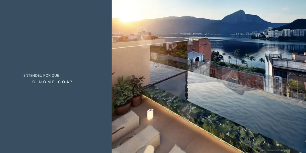 Rooftop do Goa Ipanema Studios com lounge e vista para o Cristo Redentor