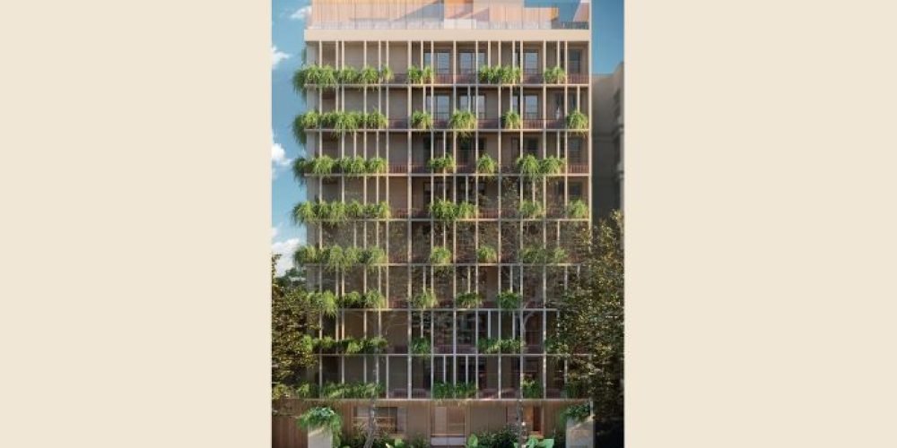 Guilhem Mozak Leblon - Imagem da fachada frontal do edifício Guilhem, com arquitetura contemporânea e paisagismo integrado à rua arborizada do Leblon.