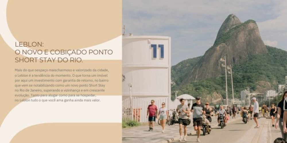 Vista do posto 11 no Leblon com o Morro Dois Irmãos ao fundo, ciclistas e pedestres na orla em dia ensolarado – destaque para o potencial do short stay na região.