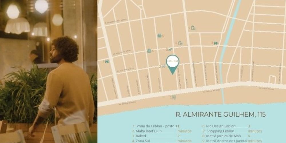Guilhem Mozak Leblon - Mapa de localização do empreendimento Guilhem na Rua Almirante Guilhem, 115, com pontos de interesse no Leblon e imagem de homem caminhando em ambiente sofisticado.