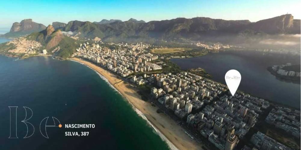 Vista aérea de Ipanema destacando a localização privilegiada do Be In Rio na Rua Nascimento Silva, próximo à praia.