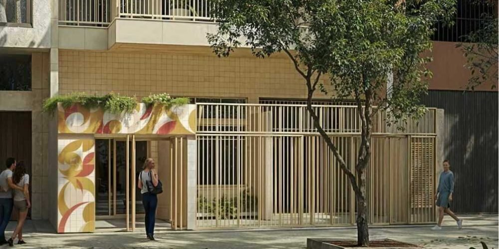 Fachada de acesso ao Be In Rio com portaria segura, design arquitetônico e intervenções artísticas exclusivas.