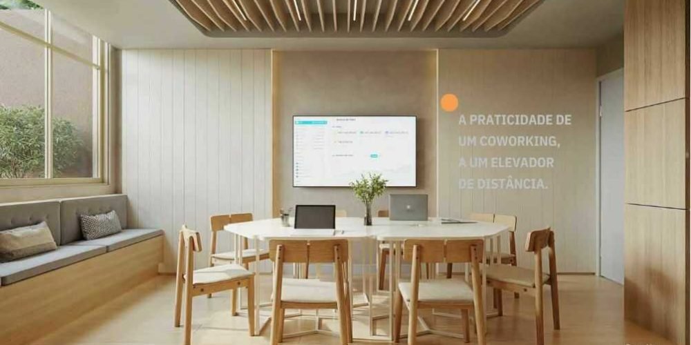 Espaço de coworking do Be In Rio com mesa compartilhada, iluminação natural e ambiente funcional para trabalho.