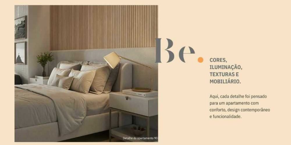 Detalhe da suíte do Be In Rio com iluminação aconchegante, cores neutras e mobiliário moderno.
