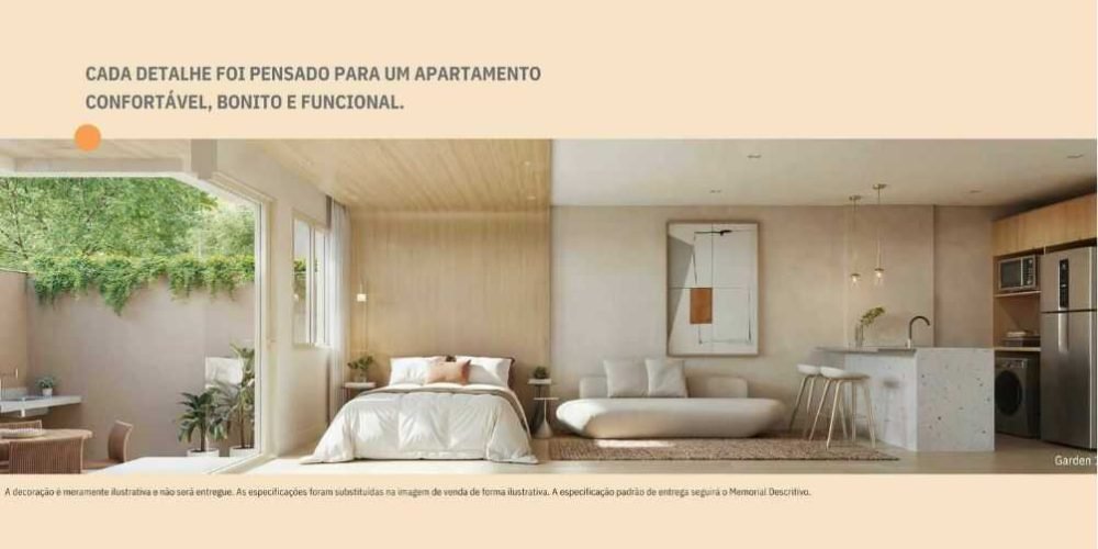 Studio garden do Be.in.Rio com ambiente integrado entre quarto, sala e cozinha, além de jardim privativo externo
