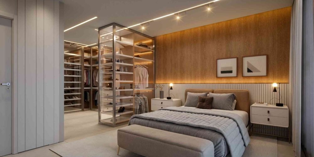 Suíte master ampla e luxuosa com closet envidraçado e iluminação embutida.