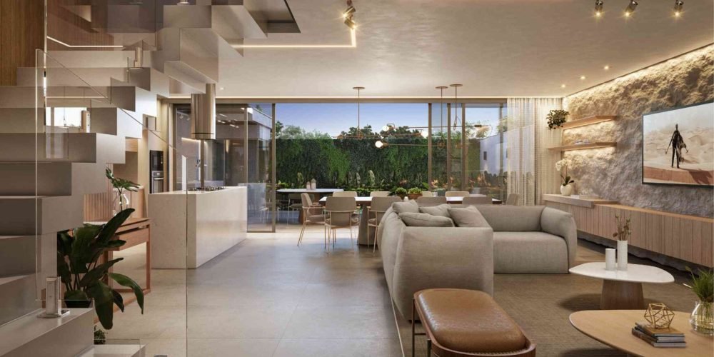 Living espaçoso com integração total ao jardim e à área externa, ideal para receber.