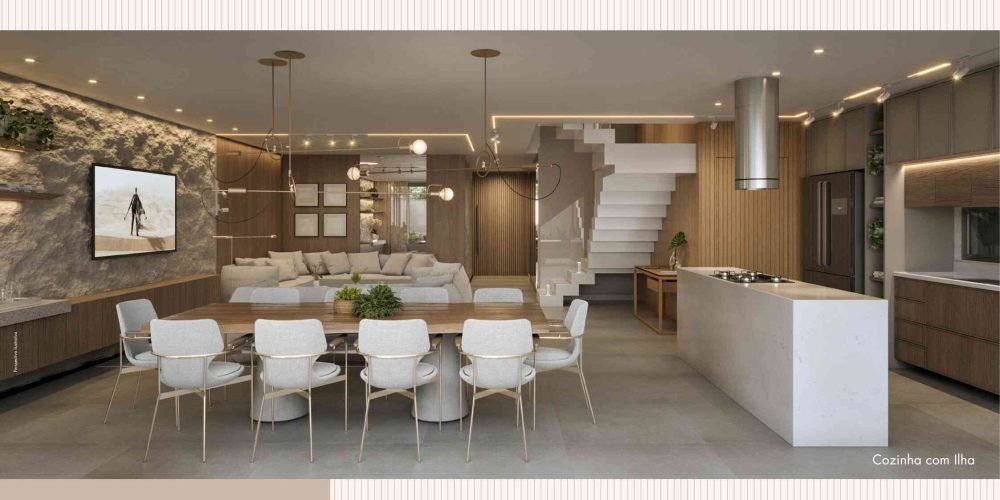 Cozinha com ilha, sala de jantar para doze lugares e escada flutuante com design contemporâneo.
