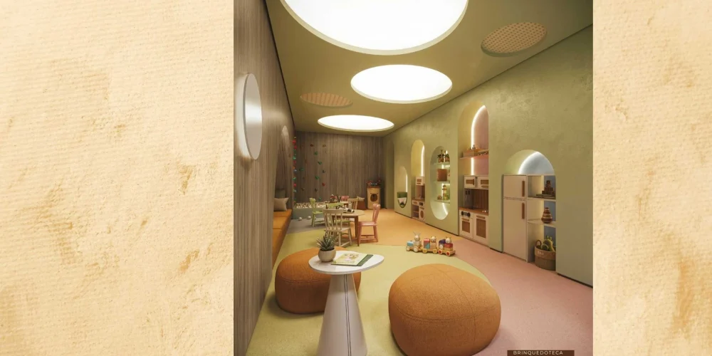 Brinquedoteca colorida e decorada do empreendimento Céu Laranjeiras, ambiente infantil com iluminação suave e mobiliário lúdico.