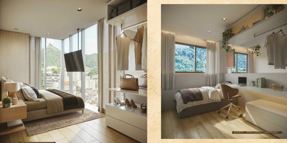 Suíte e quarto decorados do Céu Laranjeiras, com grandes janelas, vista para o Rio de Janeiro e acabamentos sofisticados.