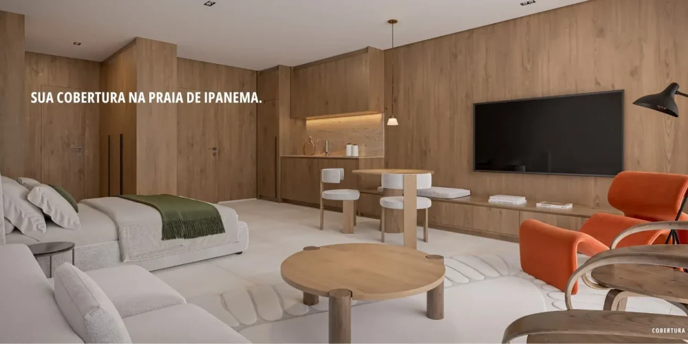 Interior da Cobertura 1001 do Sal Praia Ipanema, com sala integrada, móveis em madeira, poltrona laranja de design, painel ripado, cozinha compacta e ampla varanda iluminada com vista para Ipanema.