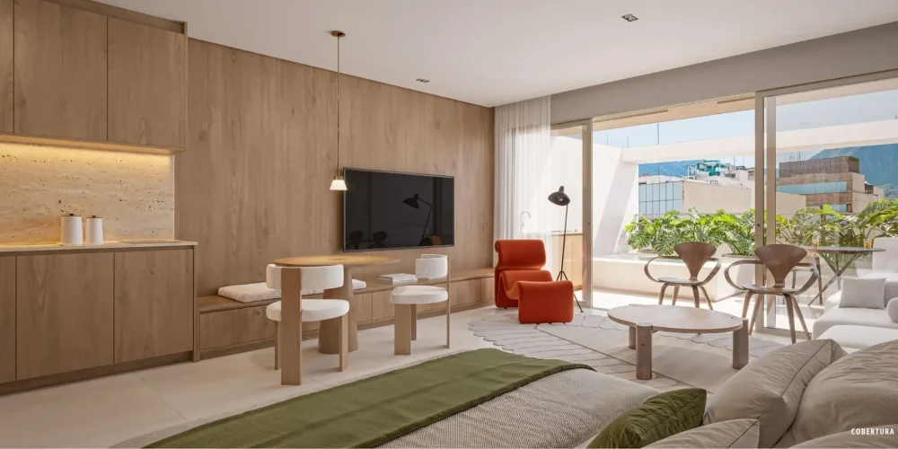 Sala integrada da Cobertura 1001 do Sal Praia de Ipanema com design contemporâneo, varanda ampla, muita luz natural e vista para o Morro Dois Irmãos.