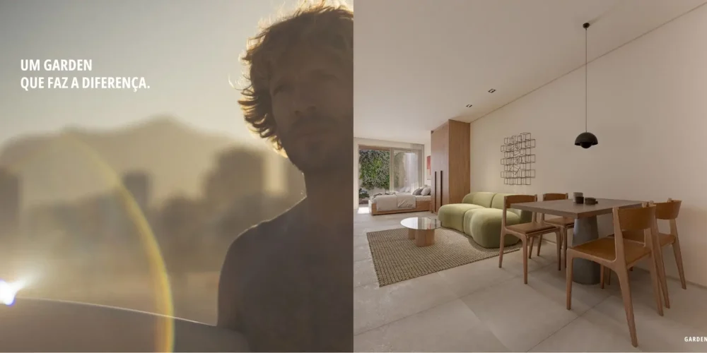 Garden 104 do Sal Praia Ipanema — área externa com jacuzzi e interior integrado em alto padrão, ideal para investimento com liquidez.