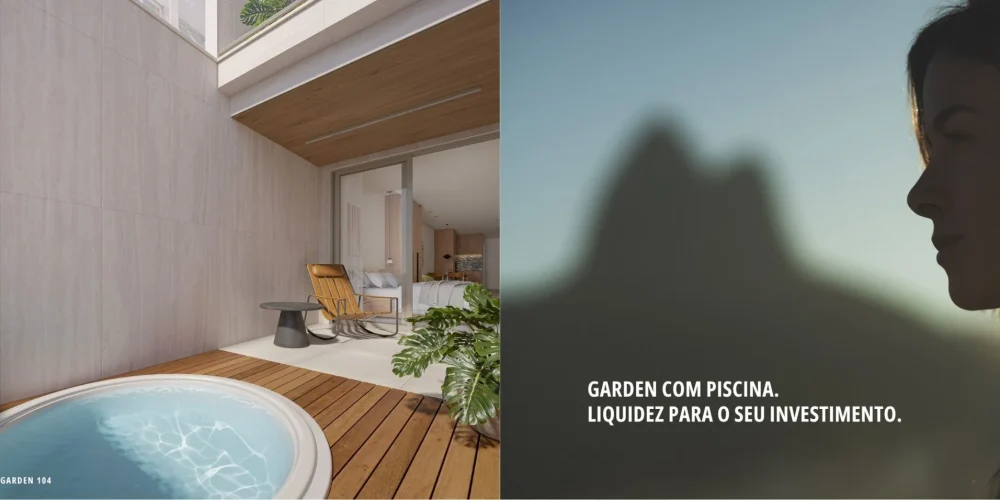 Garden 104 do Sal Praia Ipanema com piscina privativa e área externa integrada ao studio — destaque de liquidez e valorização.