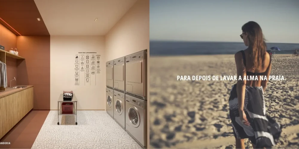 Lavanderia moderna do Sal Praia de Ipanema com máquinas industriais e ambiente funcional, ideal para rotina pós-praia.