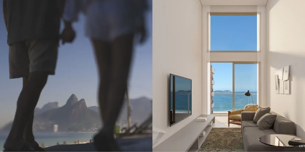 Loft 906 do Sal Praia Ipanema — sala com pé-direito duplo e vista para o mar de Ipanema, integração total entre interior e exterior.